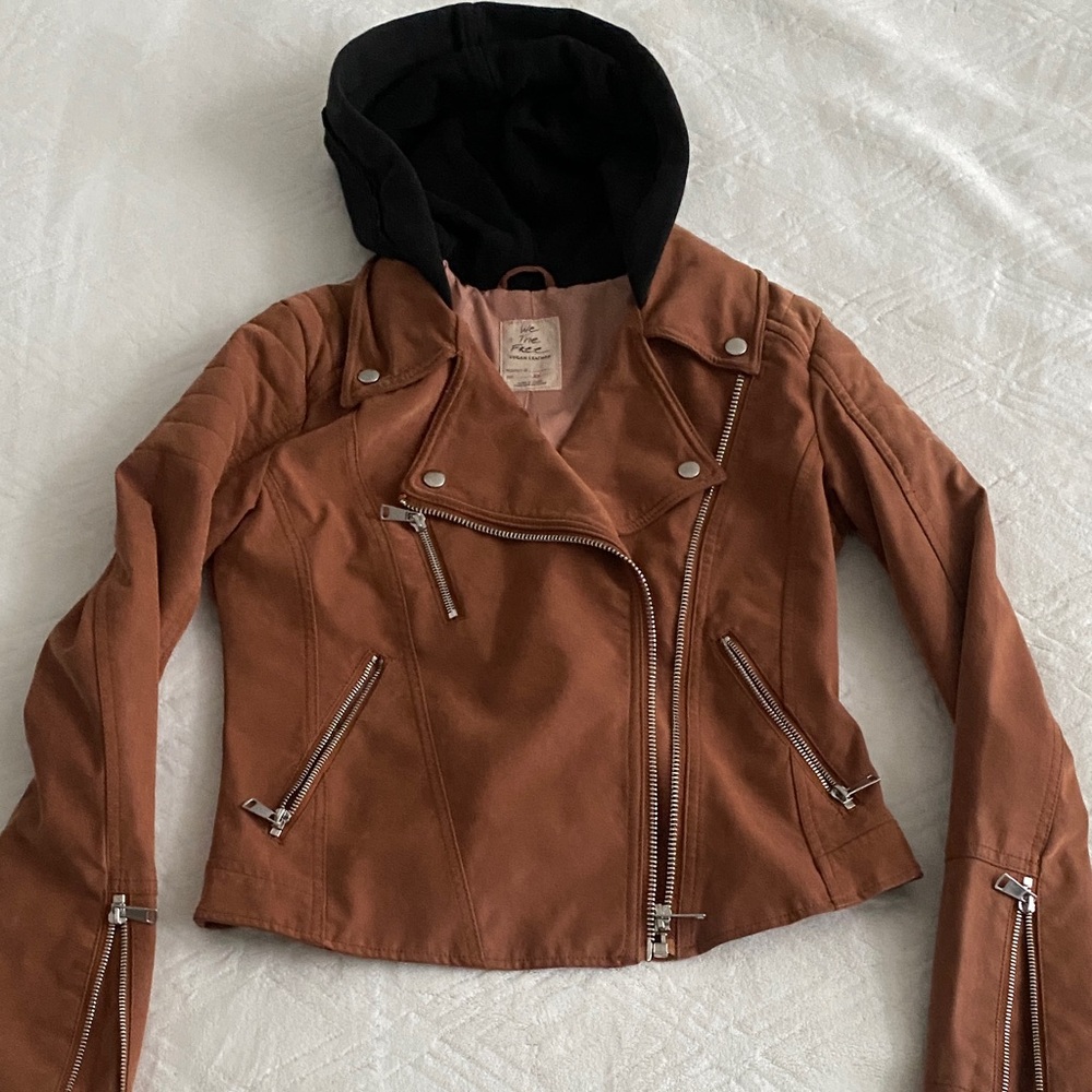 Free People Brown Leather Jacket with Black Hood